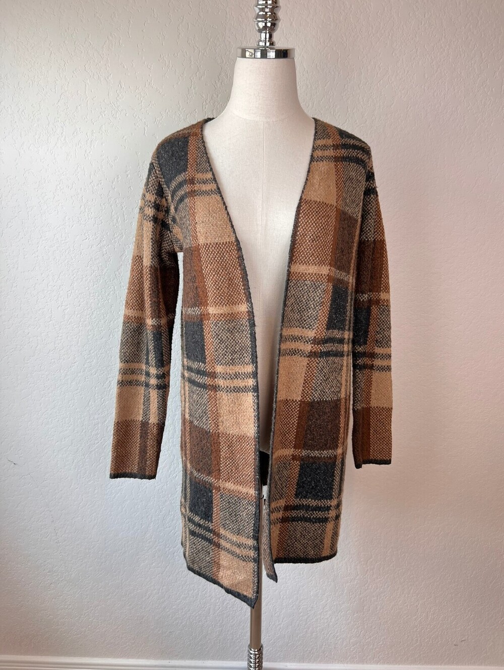 Vintage 90s Plaid Brown Academia Open Front Cardigan Sweater size Small